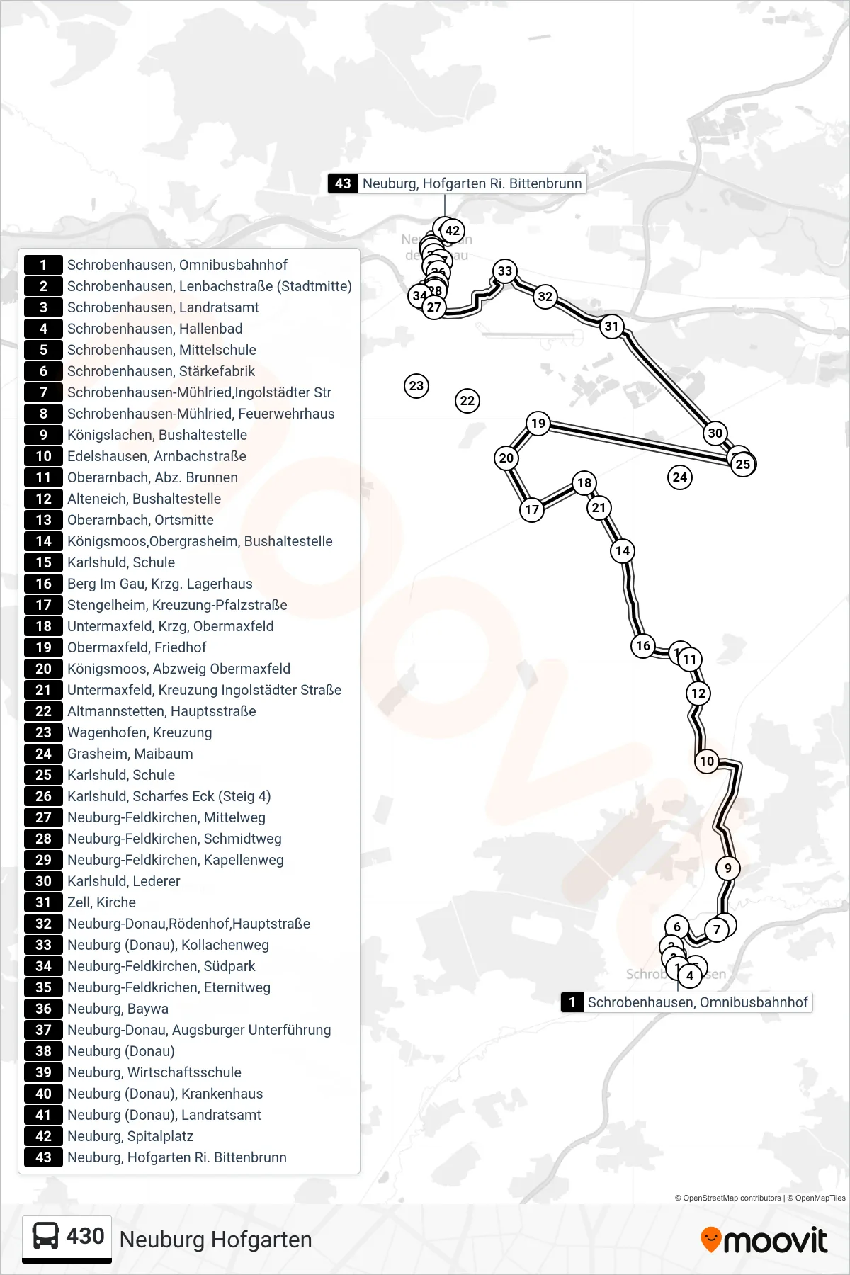430 bus Line (Neuburg Hofgarten) route and stops on a map