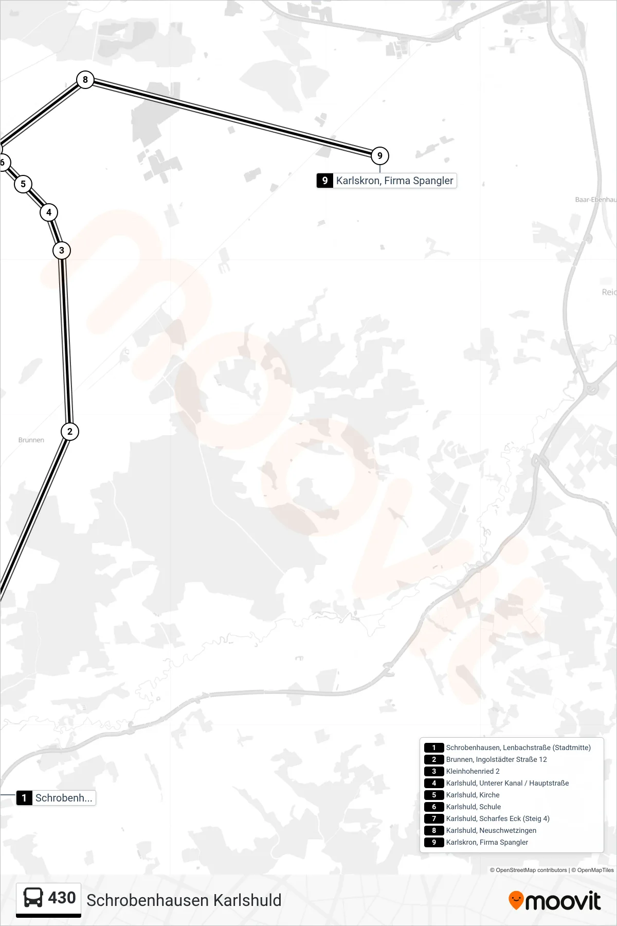 430 bus Line (Schrobenhausen Karlshuld) route and stops on a map