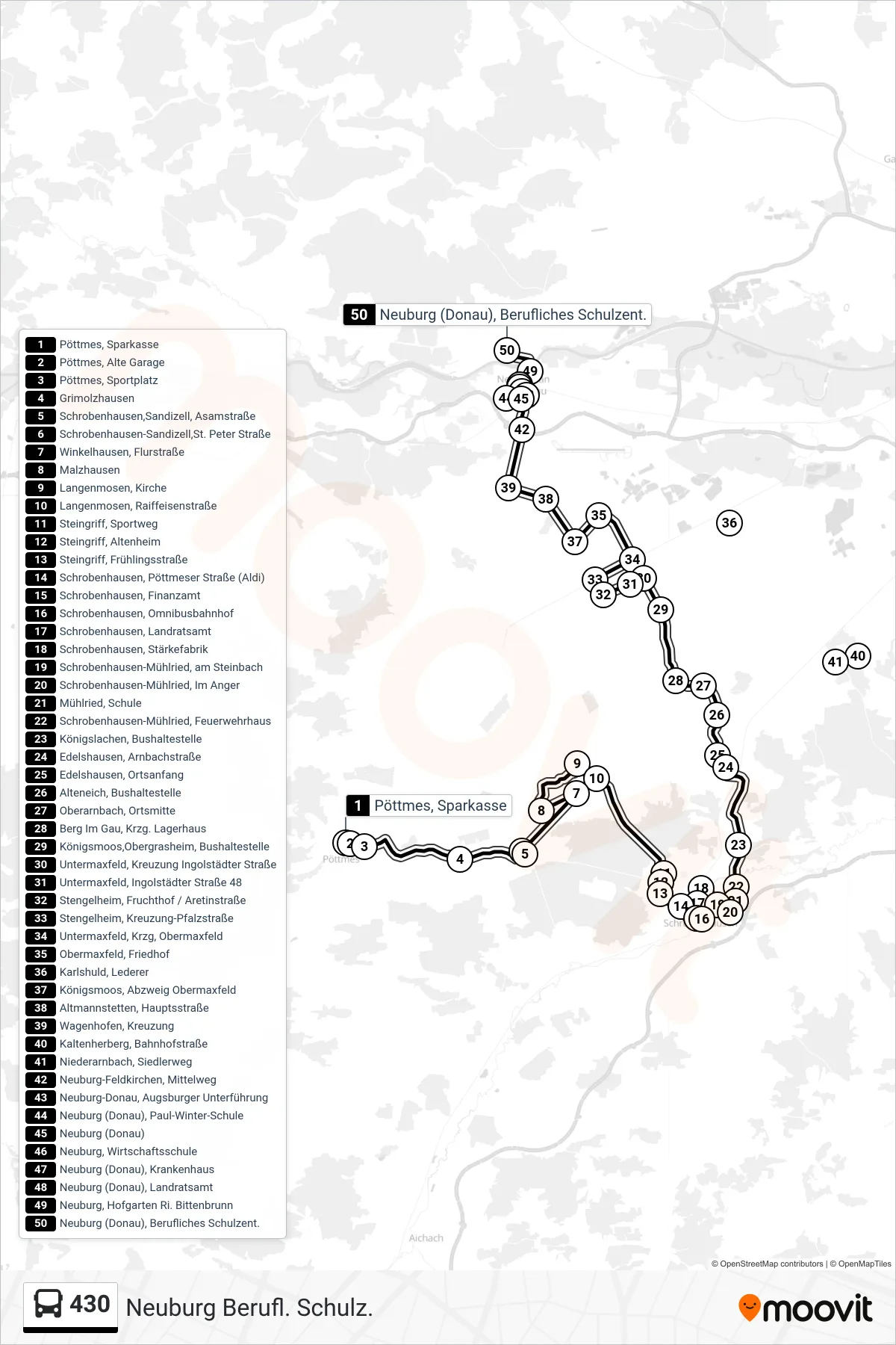 430 bus Line (Neuburg Berufl. Schulz.) route and stops on a map