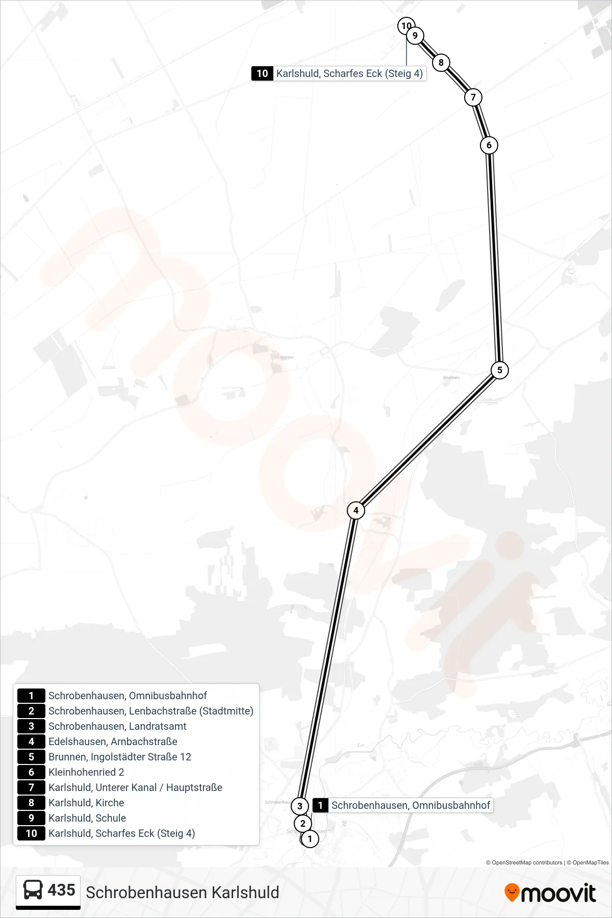 435 bus Line (Schrobenhausen Karlshuld) route and stops on a map