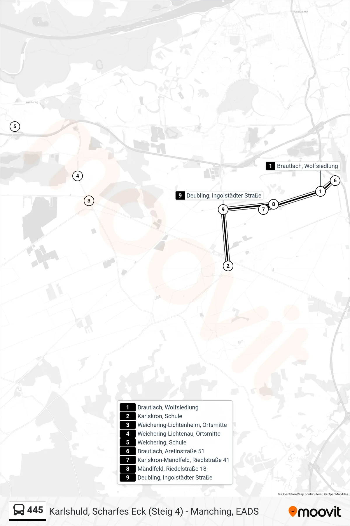 445 bus Line (Schulbus) route and stops on a map