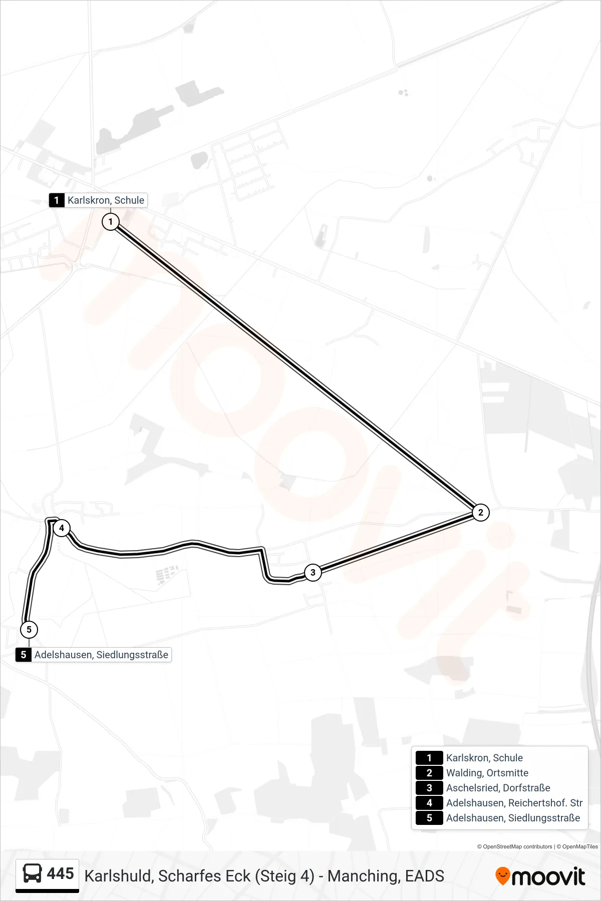 445 bus Line (Grillheim Mendelfeld) route and stops on a map