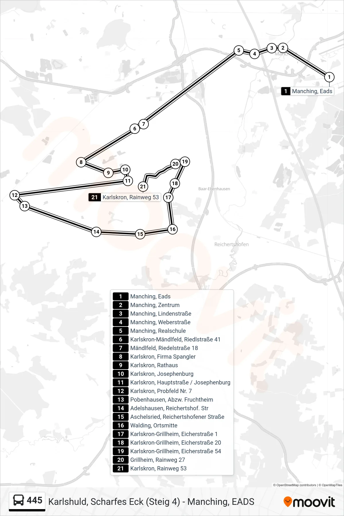 445 bus Line (Kalrskron Via Probfeld) route and stops on a map