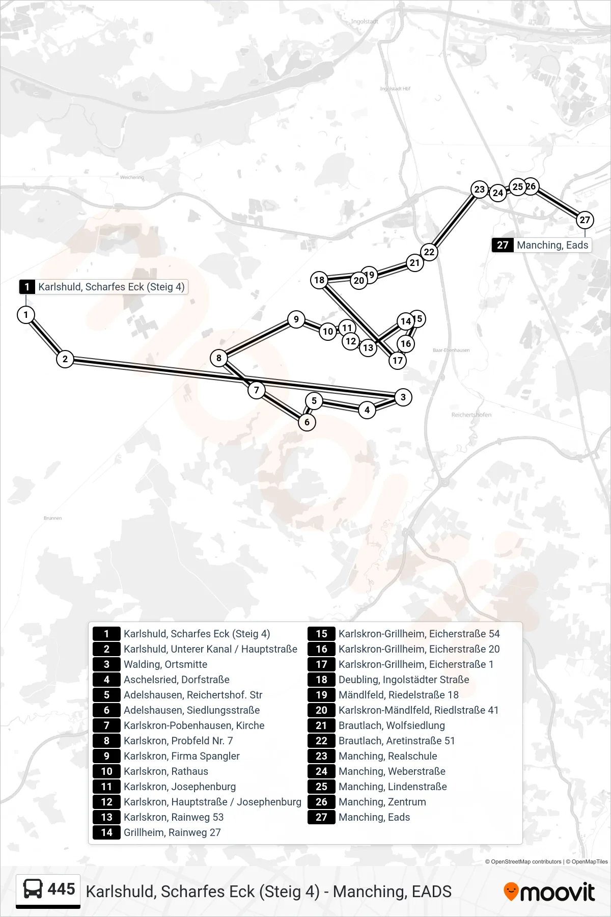 445 bus Line (Manching Airbus) route and stops on a map