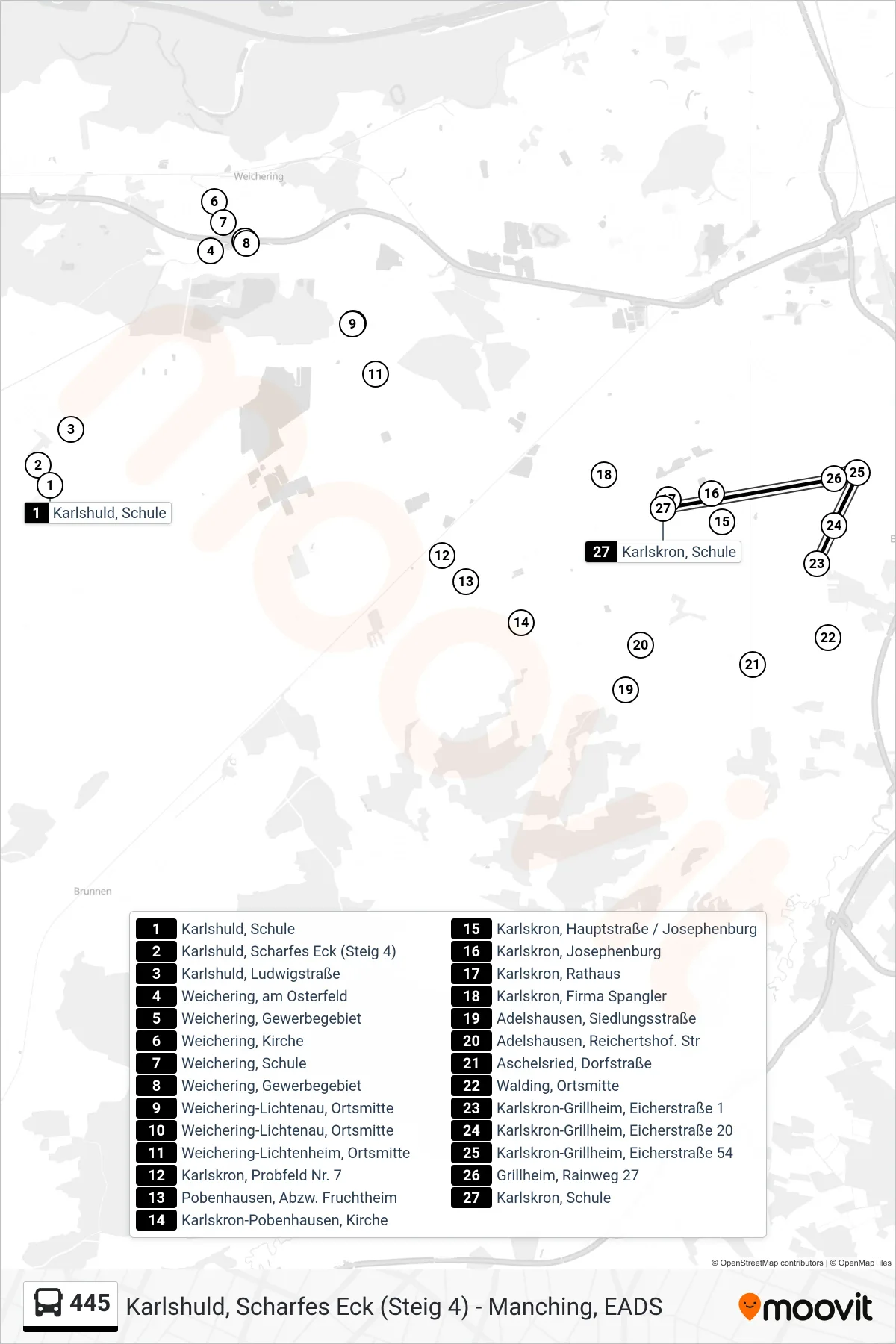 445 bus Line (Schulbus) route and stops on a map