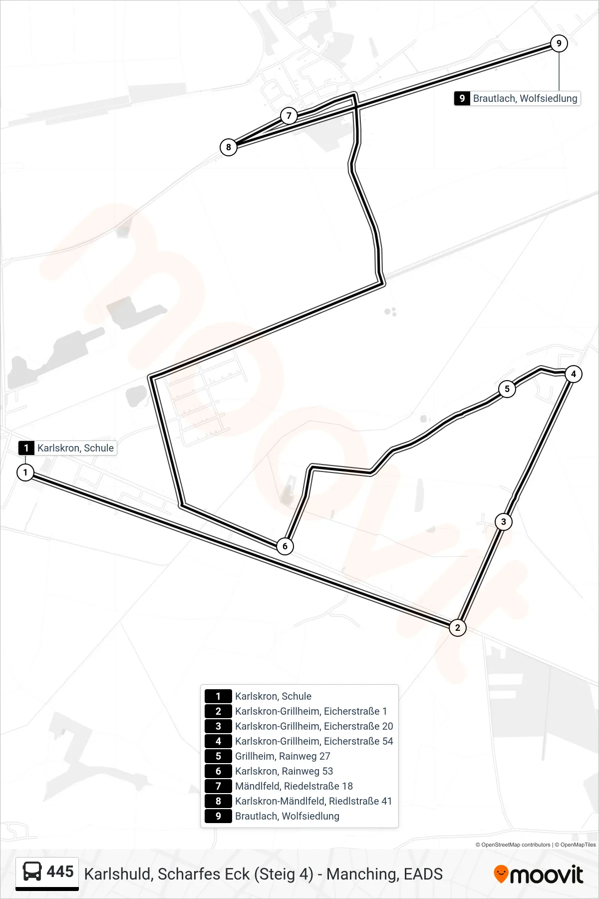 Linie 445 (Bus) Richtung Schulbus Ehekirchen: Route und Haltestellen auf der Karte