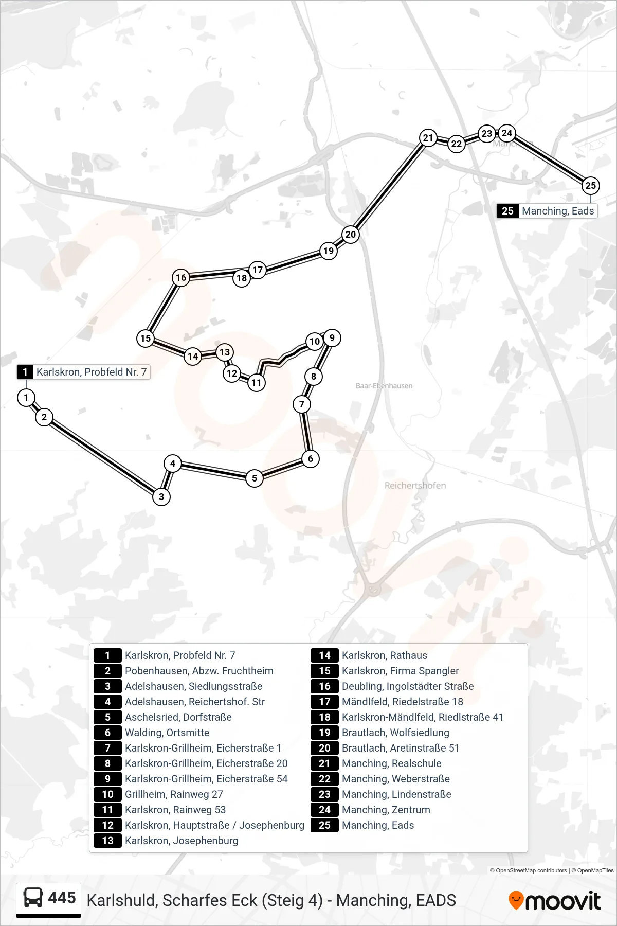 Linie 445 (Bus) Richtung Manching Via Karlskron: Route und Haltestellen auf der Karte