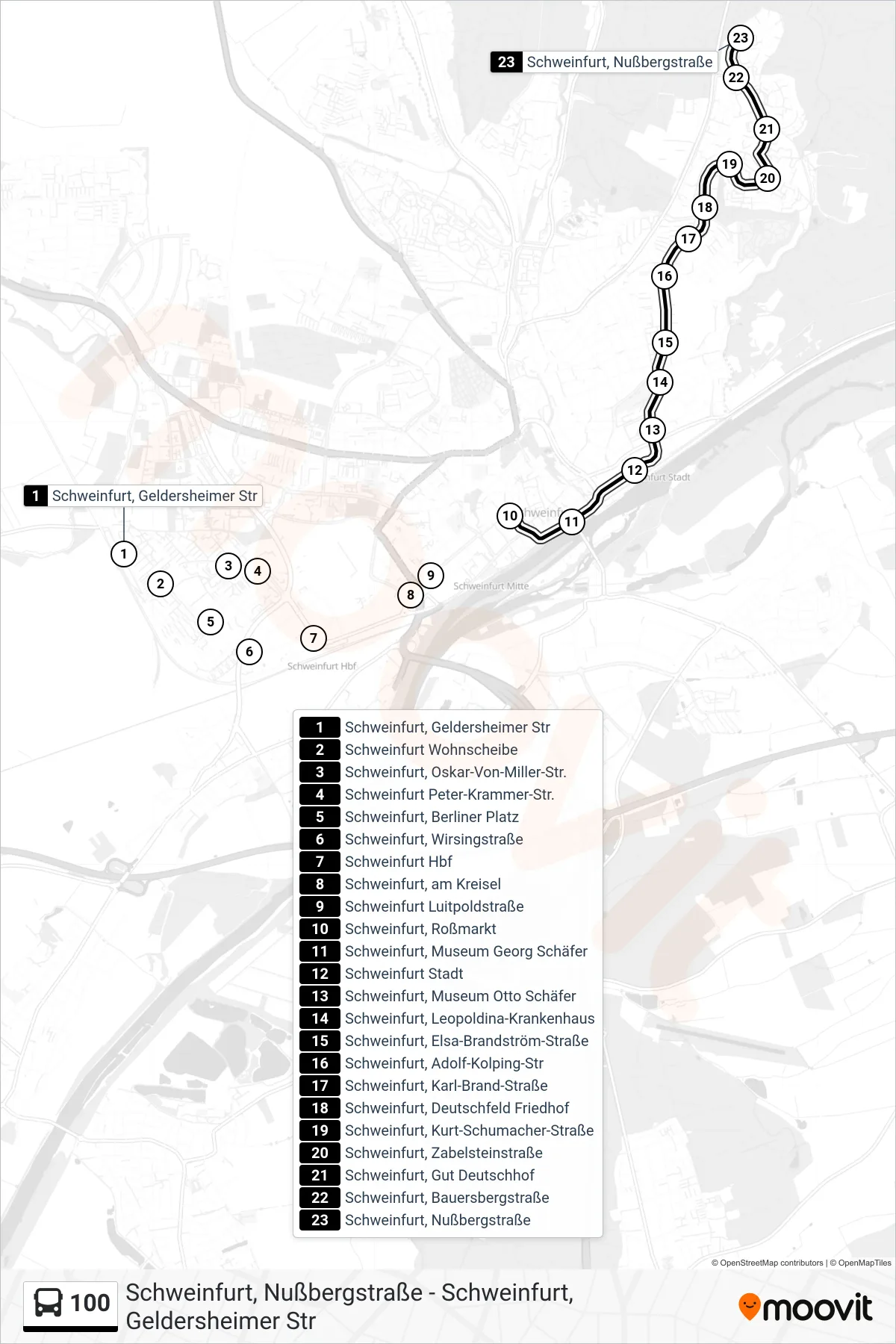 Linie 100 (Bus) Richtung Schweinfurt, Nußbergstraße: Route und Haltestellen auf der Karte