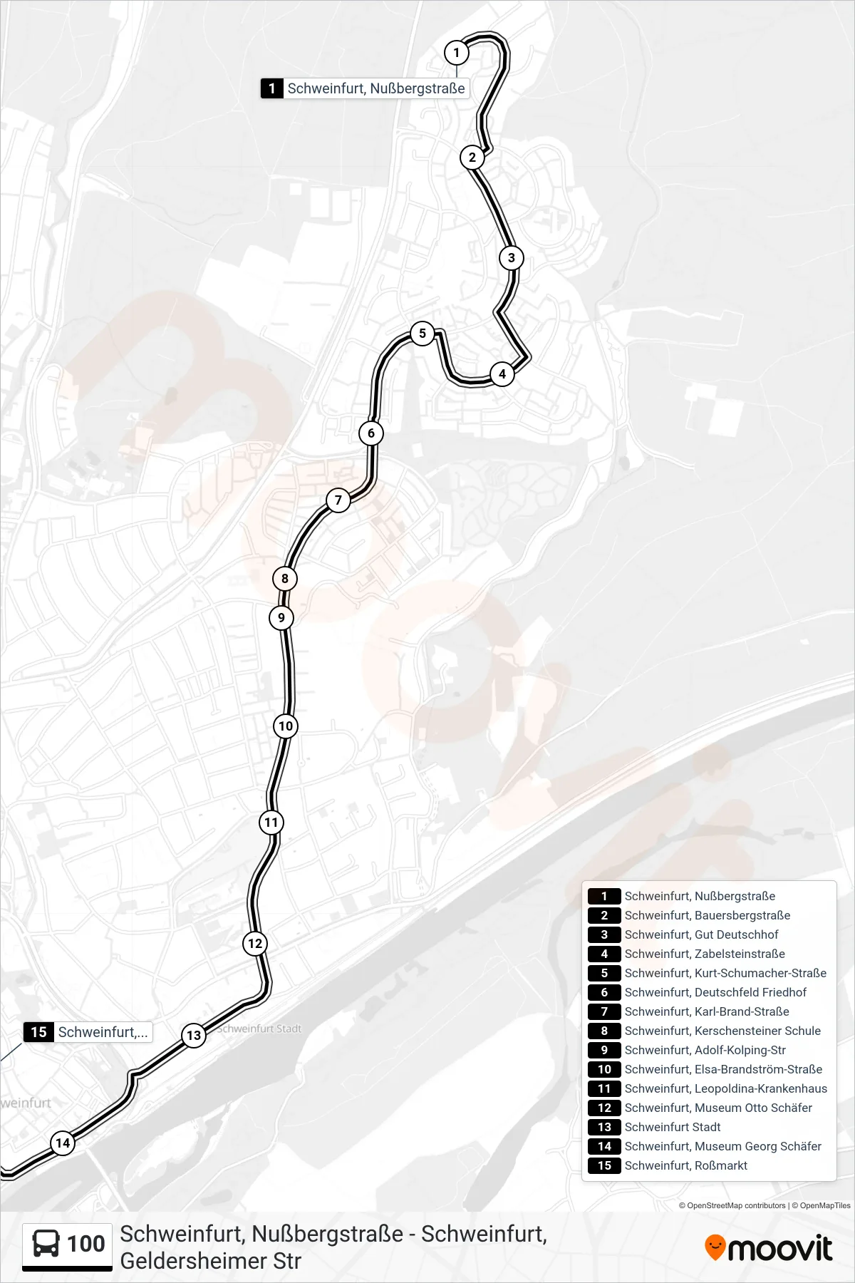 100 bus Line (Roßmarkt) route and stops on a map