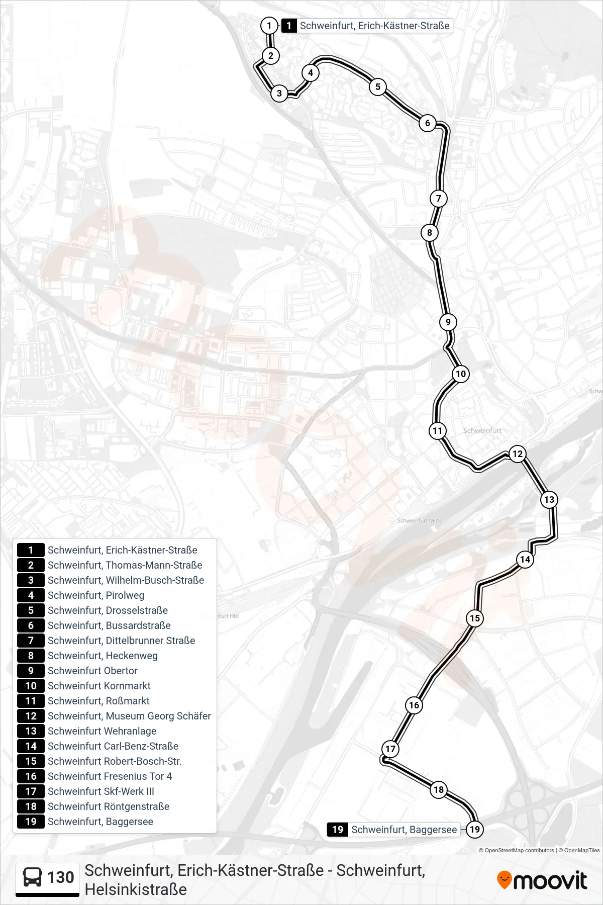 Linie 130 (Bus) Richtung Schweinfurt, Baggersee: Route und Haltestellen auf der Karte