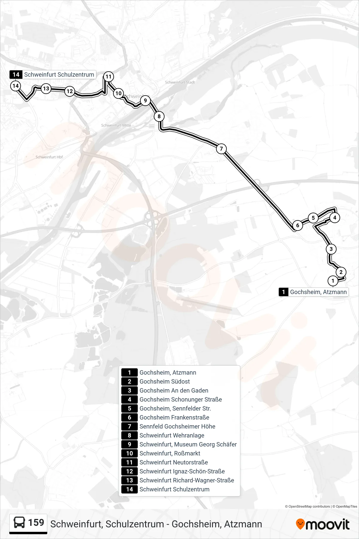 159 bus Line (Schweinfurt Schulzentrum) route and stops on a map