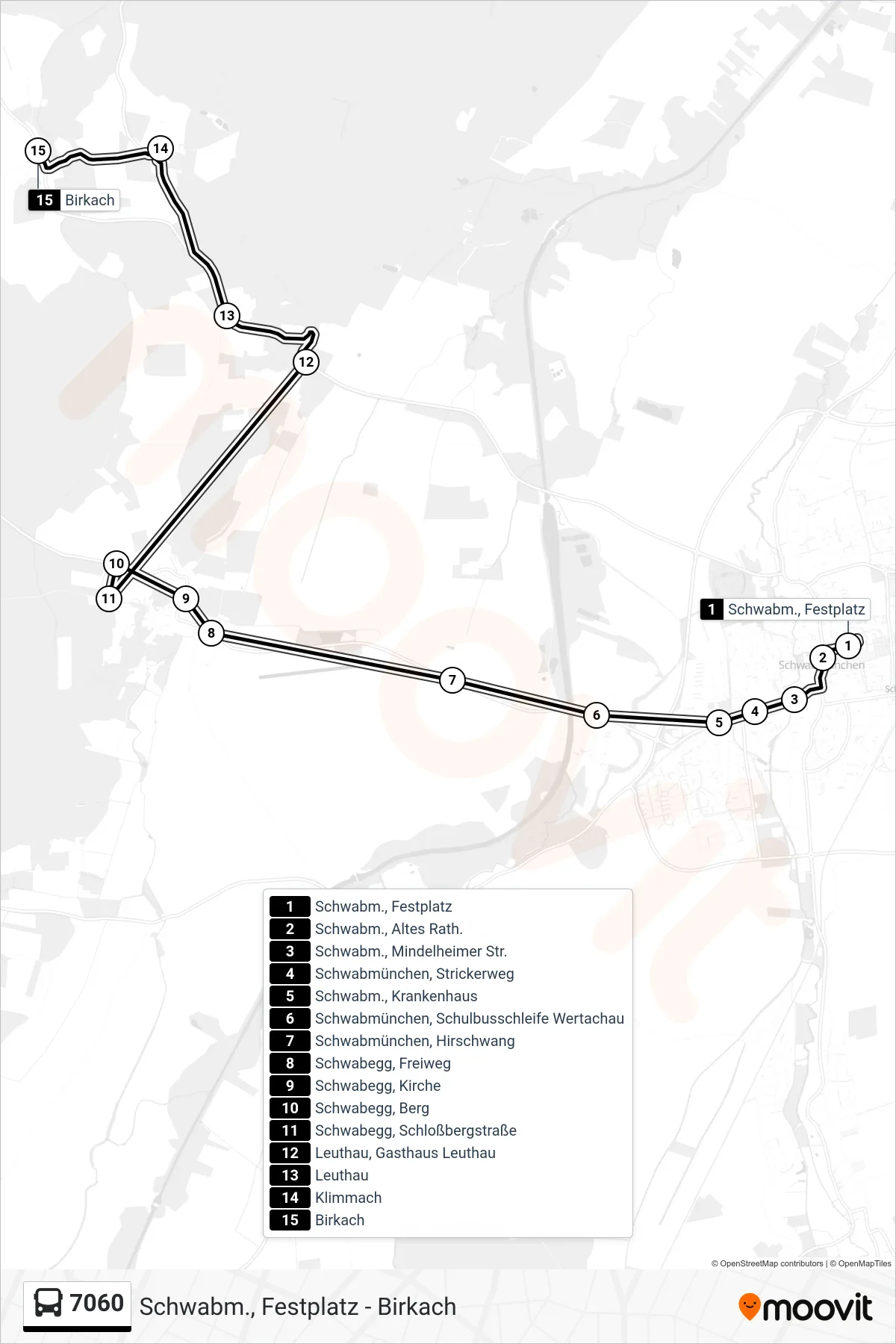 7060 bus Line (Birkach) route and stops on a map