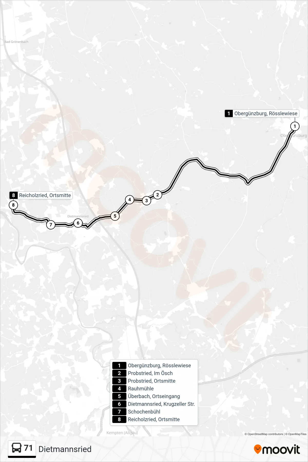 71 bus Line (Dietmannsried) route and stops on a map