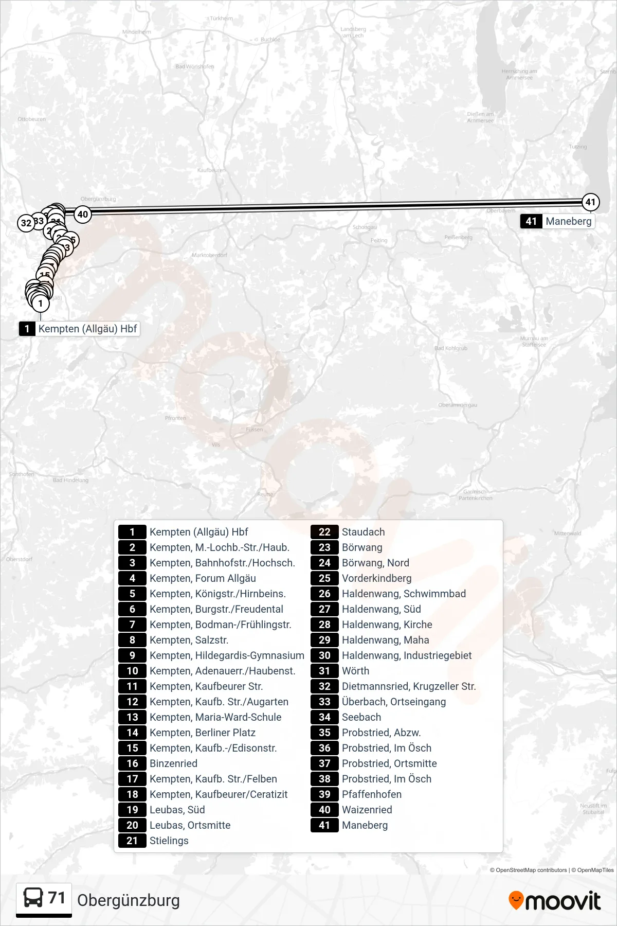 71 bus Line (Obergünzburg) route and stops on a map