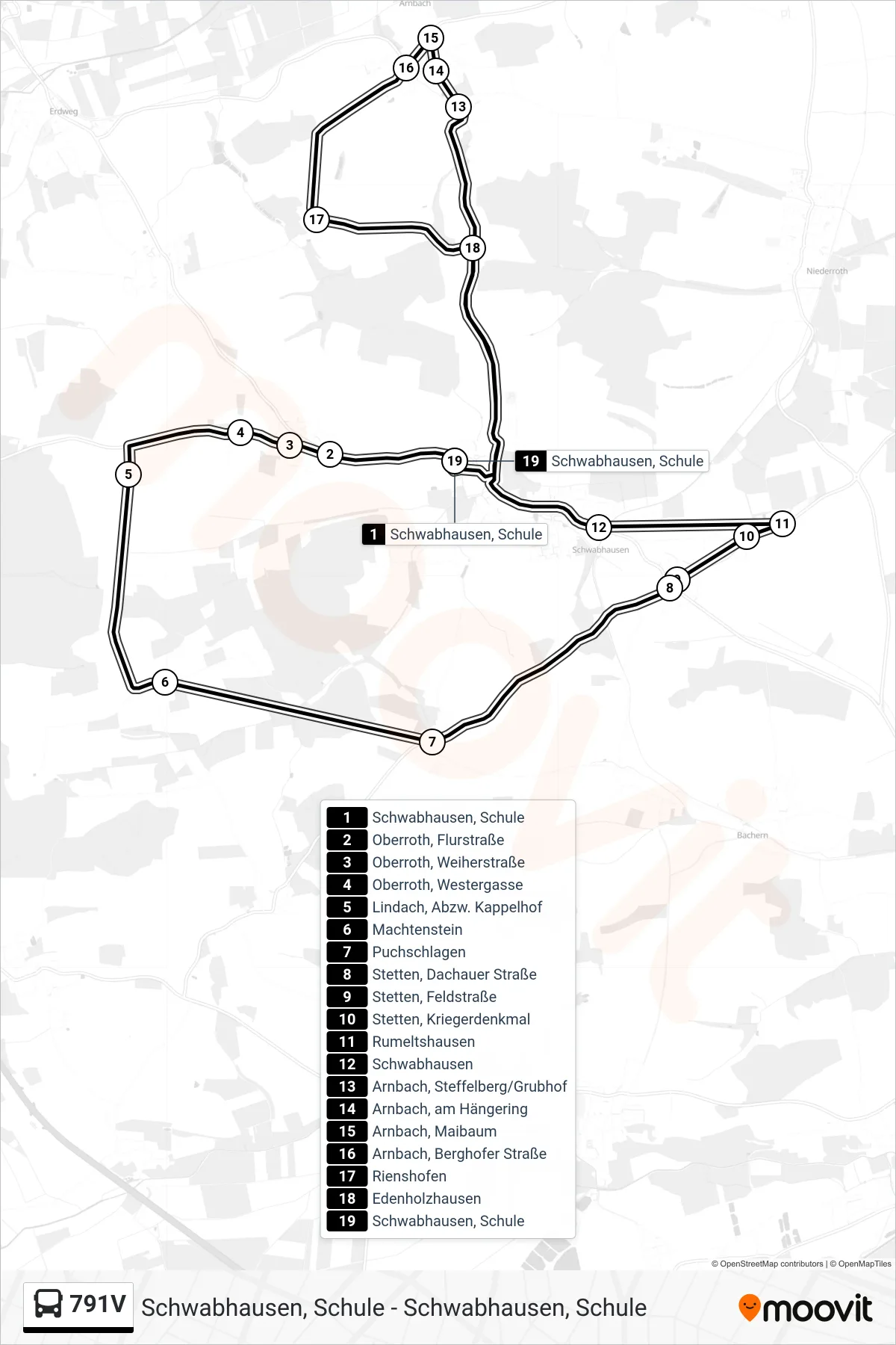 791V bus Line (Schwabhausen, Schule) route and stops on a map
