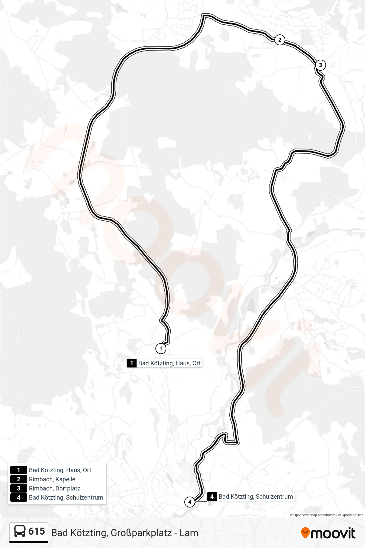 Linie 615 (Bus) Richtung Bad Kötzting; Schulzentrum: Route und Haltestellen auf der Karte