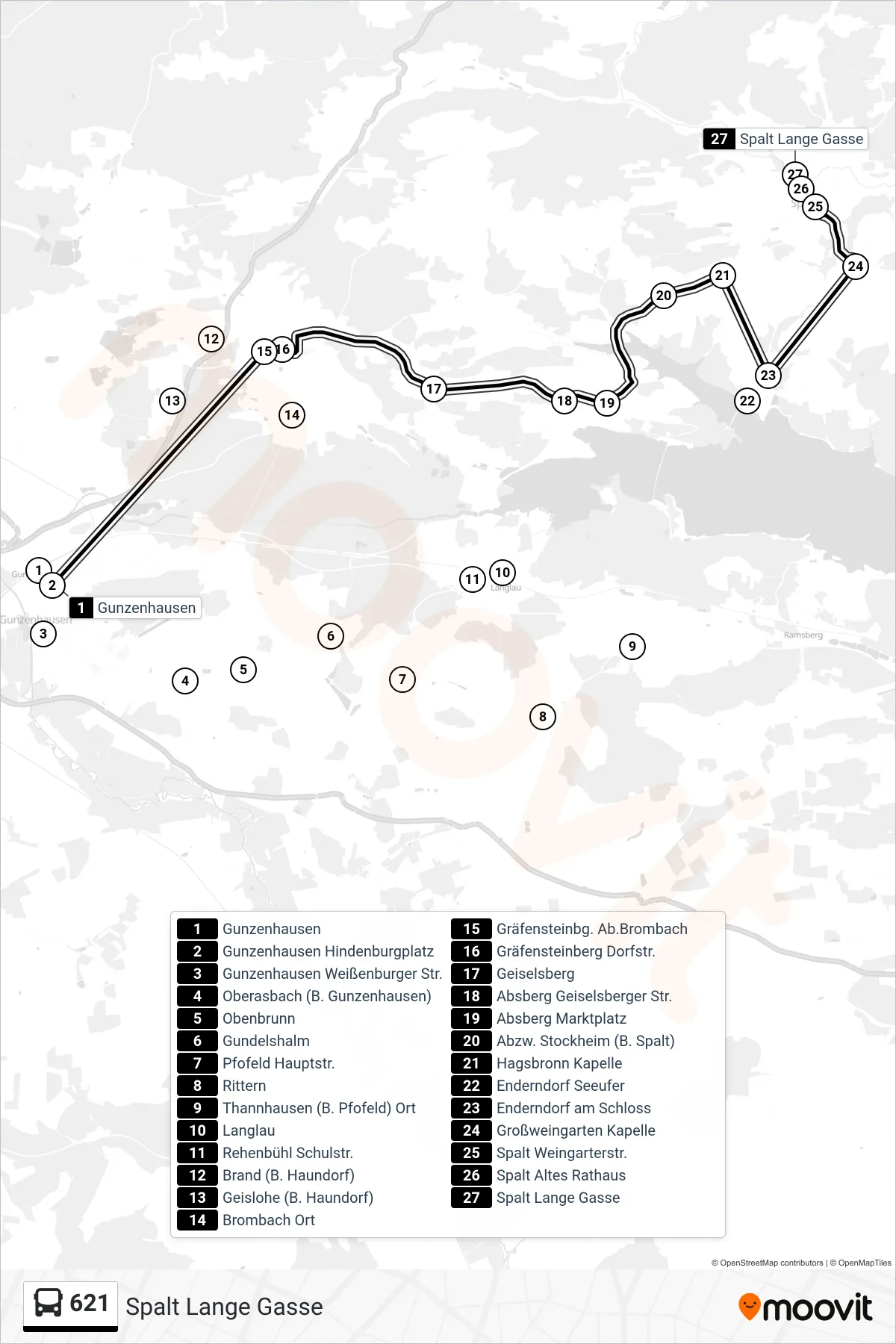 Linie 621 (Bus) Richtung Spalt Lange Gasse: Route und Haltestellen auf der Karte