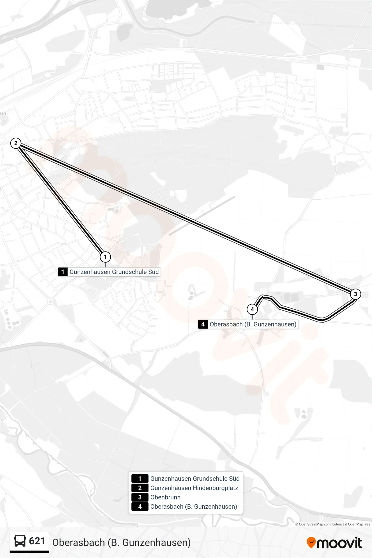 621 bus Line (Oberasbach (B. Gunzenhausen)) route and stops on a map