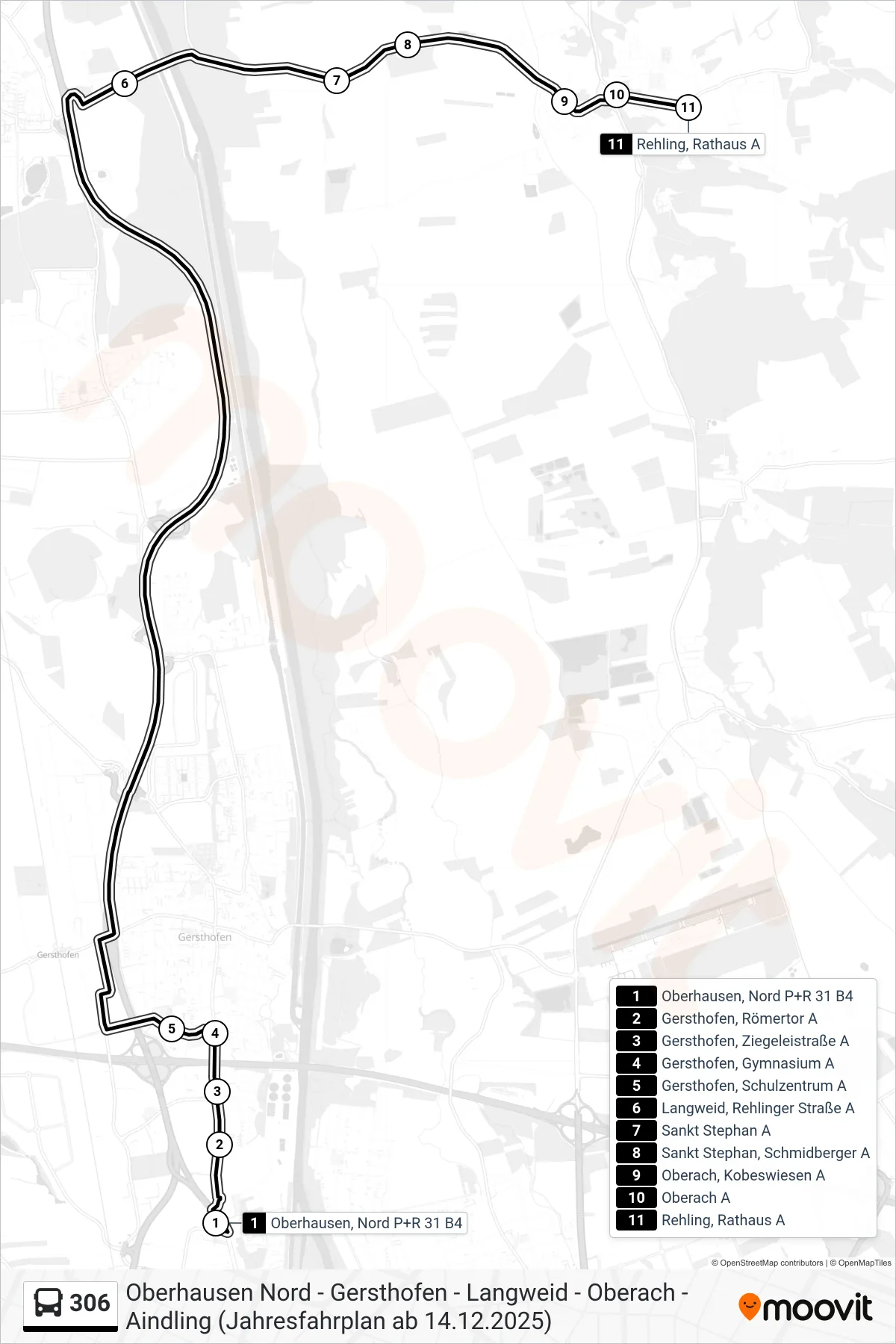 306 bus Line (Rehling, Rathaus) route and stops on a map