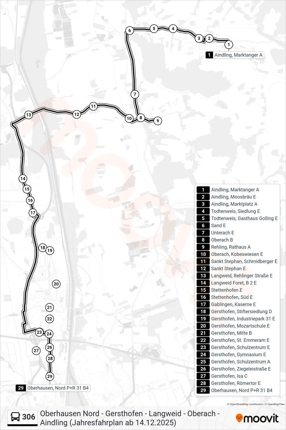 Linie 306 (Bus) Richtung Oberhausen, Nord P+R: Route und Haltestellen auf der Karte