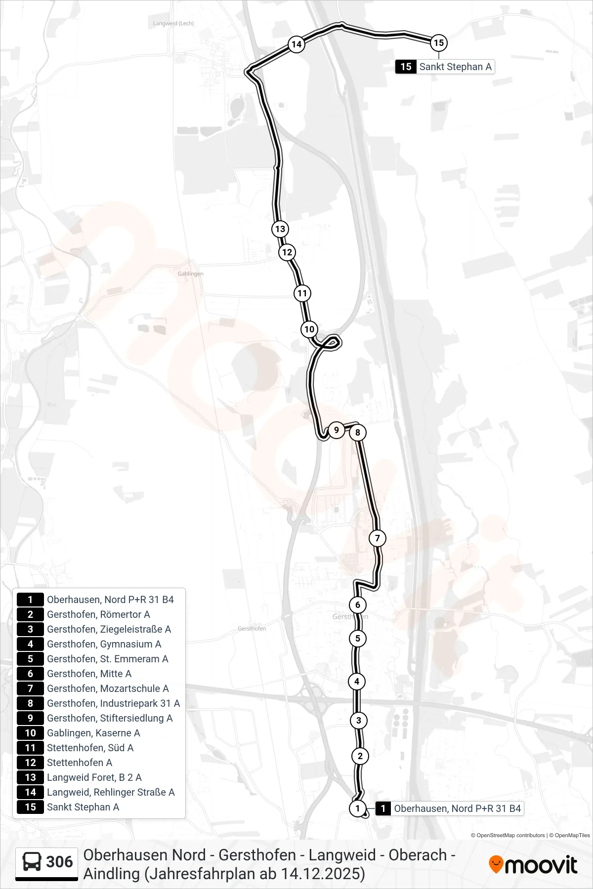 306 bus Line (Sankt Stephan) route and stops on a map
