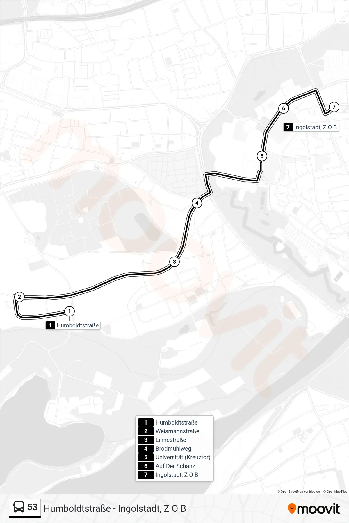 53 bus Line (Z O B) route and stops on a map