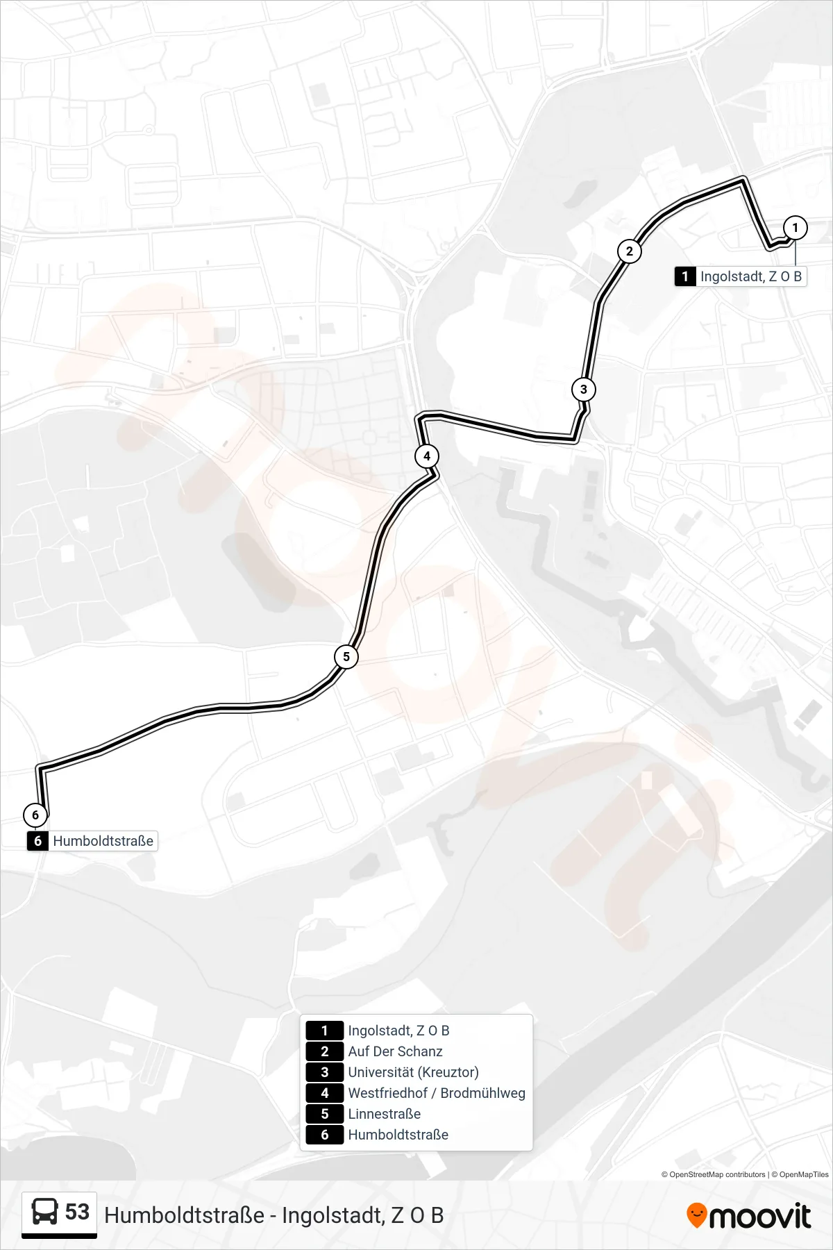 Linie 53 (Bus) Richtung Humboldtstraße: Route und Haltestellen auf der Karte