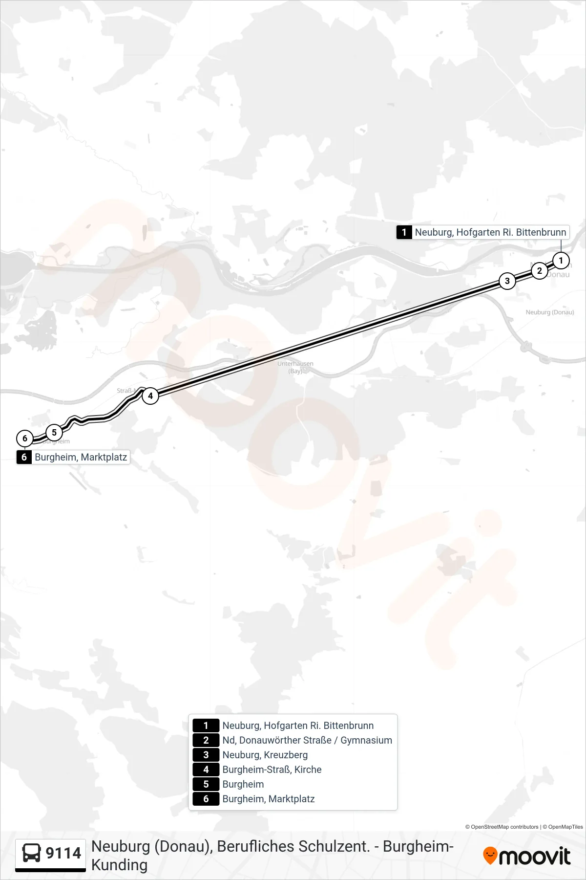 9114 bus Line (Burgheim) route and stops on a map