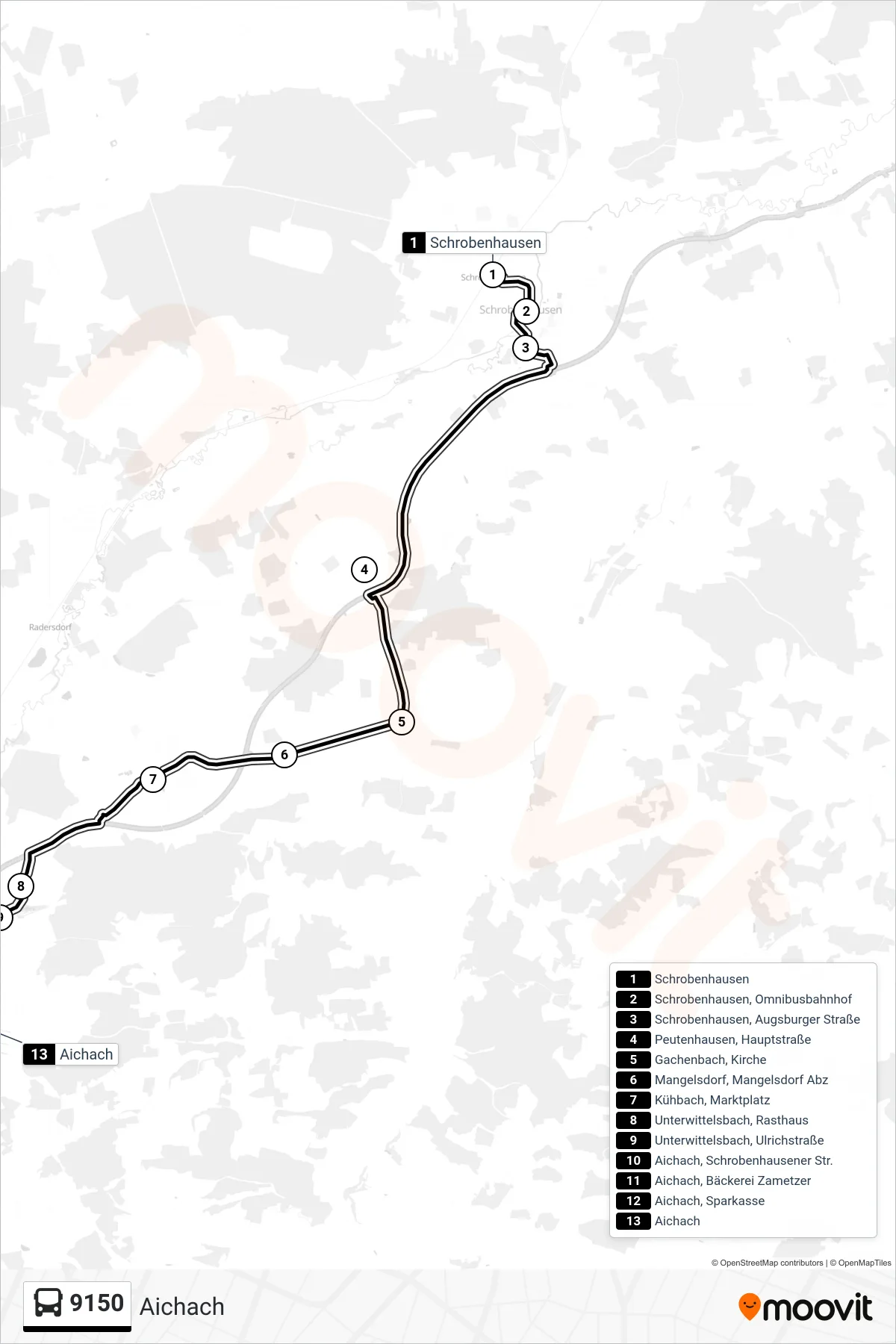 9150 bus Line (Aichach) route and stops on a map