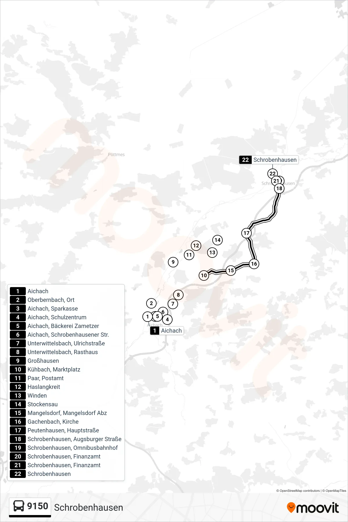 9150 bus Line (Schrobenhausen) route and stops on a map