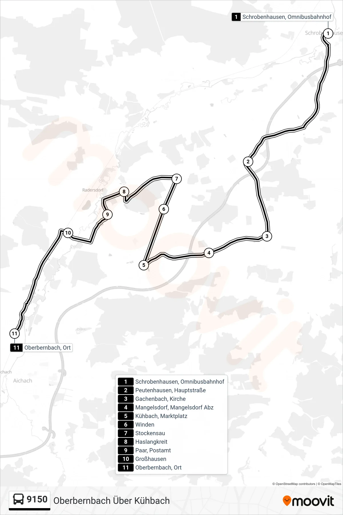 9150 bus Line (Oberbernbach Über Kühbach) route and stops on a map