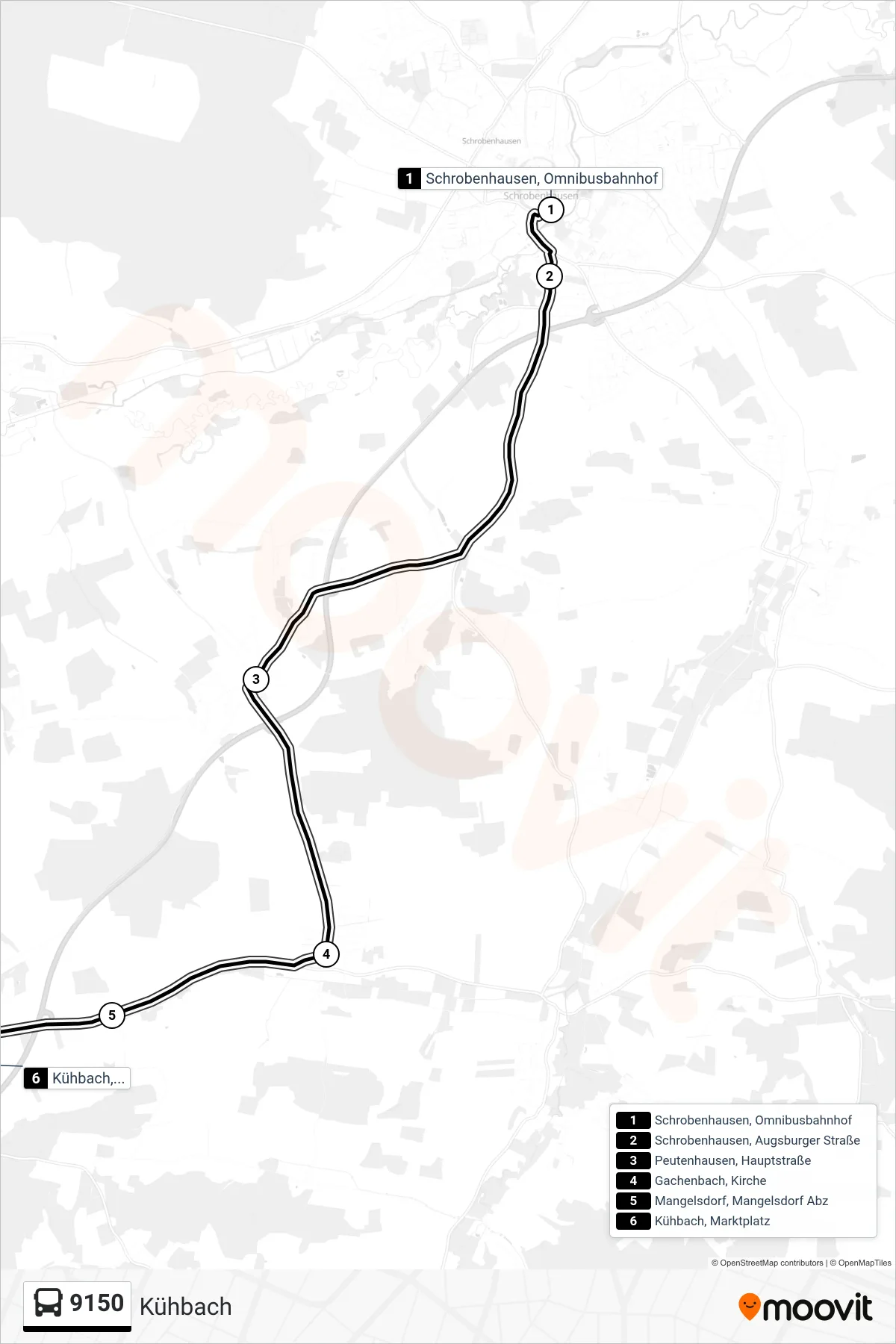 Linie 9150 (Bus) Richtung Kühbach: Route und Haltestellen auf der Karte