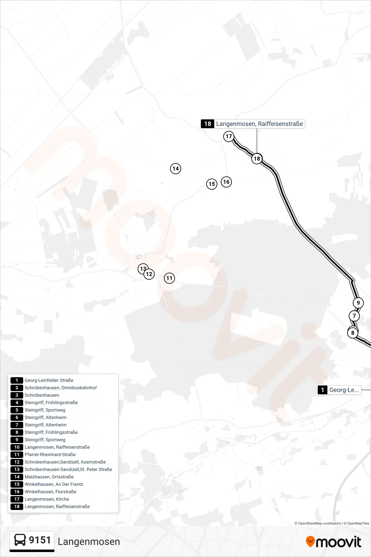 Linie 9151 (Bus) Richtung Langenmosen: Route und Haltestellen auf der Karte