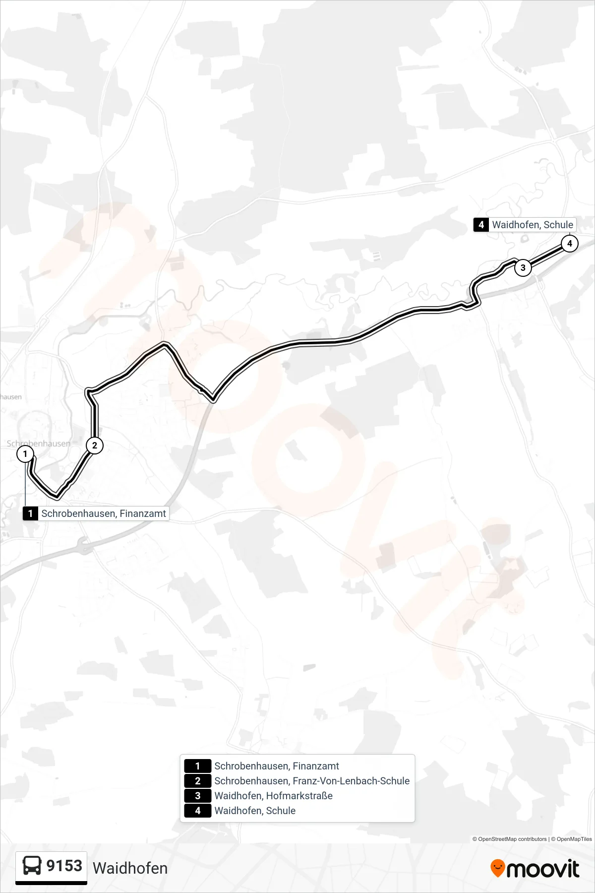 9153 bus Line (Waidhofen) route and stops on a map