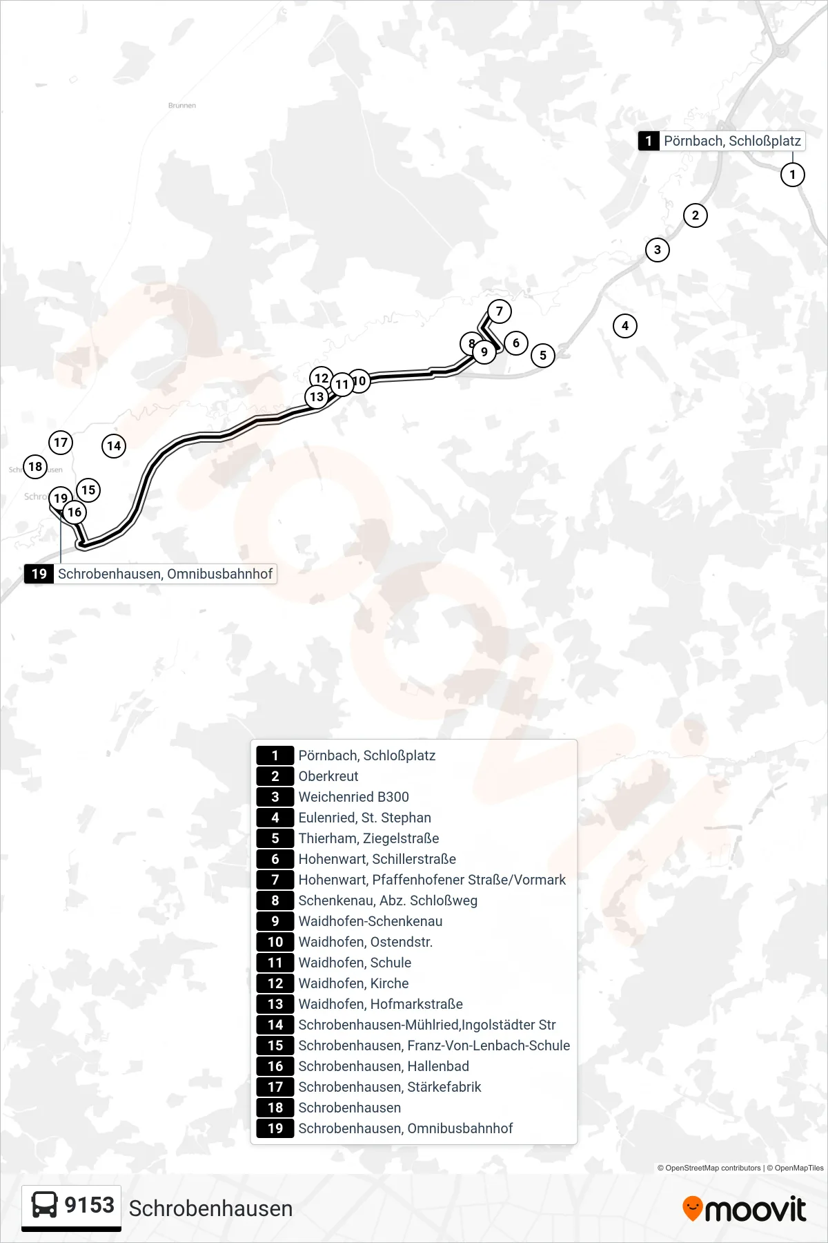 Linie 9153 (Bus) Richtung Schrobenhausen: Route und Haltestellen auf der Karte