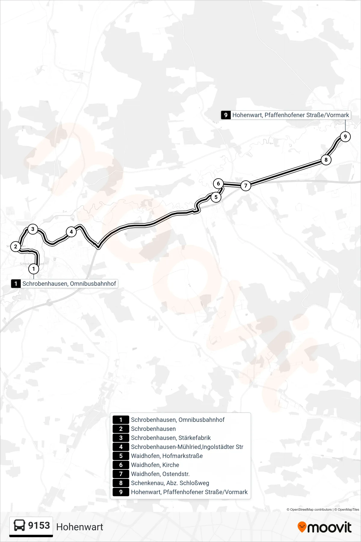 9153 bus Line (Hohenwart) route and stops on a map