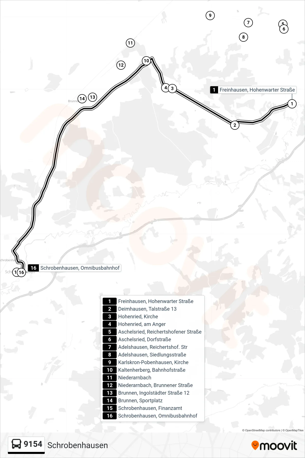 Linie 9154 (Bus) Richtung Schrobenhausen: Route und Haltestellen auf der Karte