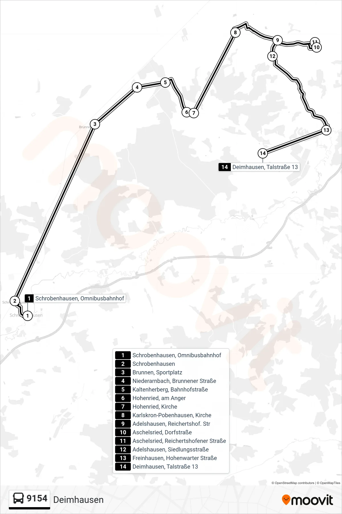 9154 bus Line (Deimhausen) route and stops on a map