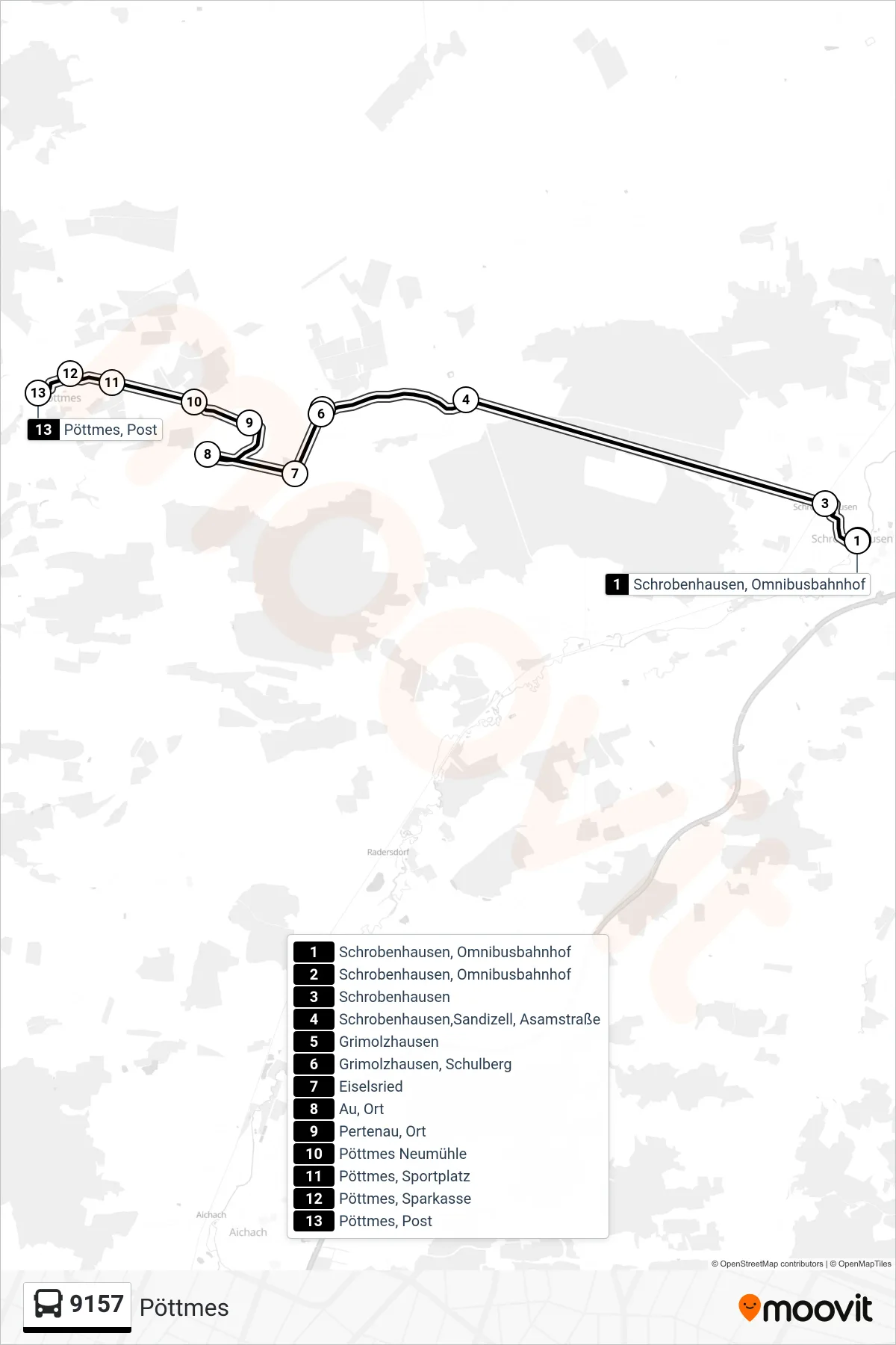Linie 9157 (Bus) Richtung Pöttmes: Route und Haltestellen auf der Karte