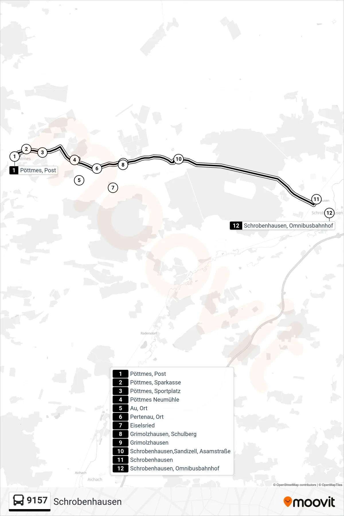 9157 bus Line (Schrobenhausen) route and stops on a map
