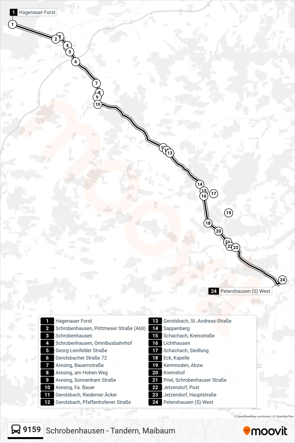 Linie 9159 (Bus) Richtung Petershausen S: Route und Haltestellen auf der Karte