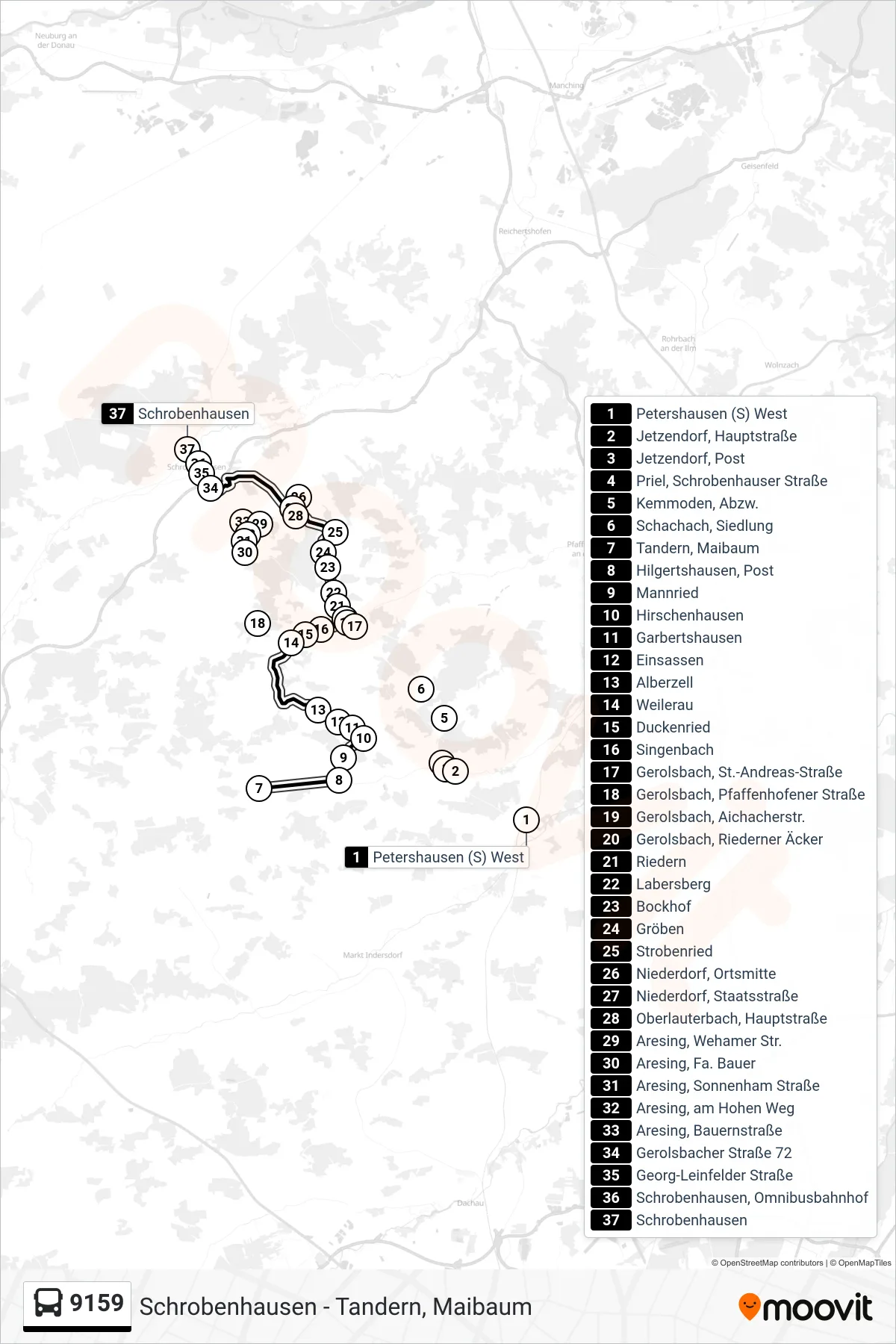 9159 bus Line (Schrobenhausen) route and stops on a map