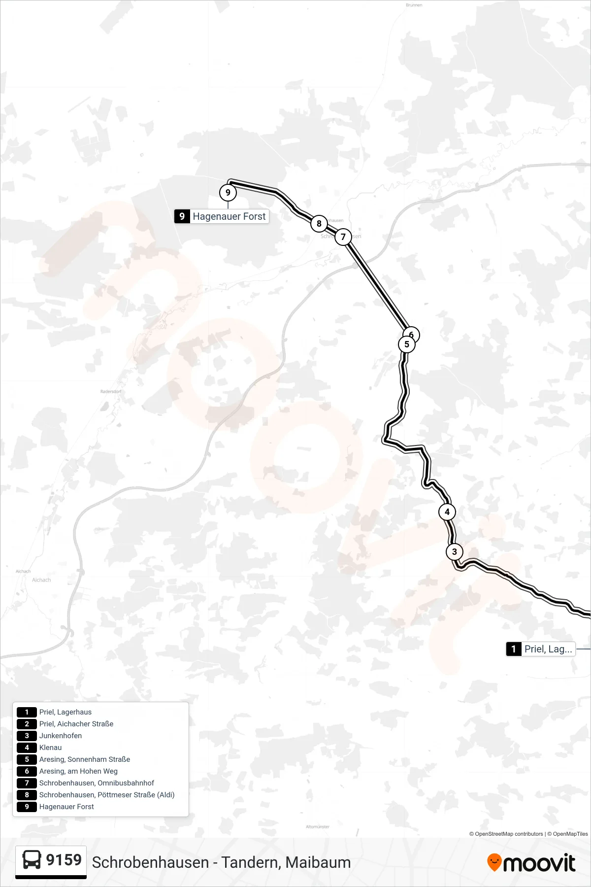 Linie 9159 (Bus) Richtung Hagenauer Forst Via Sob Zob: Route und Haltestellen auf der Karte