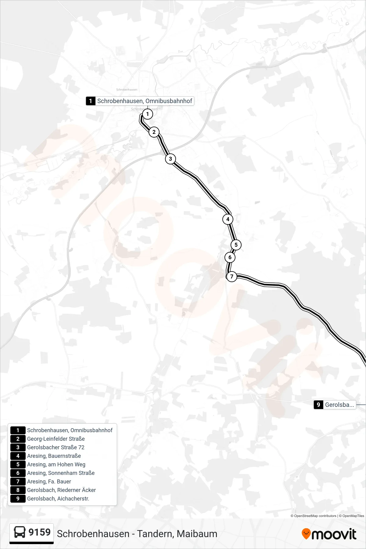 9159 bus Line (Gerolsbach) route and stops on a map