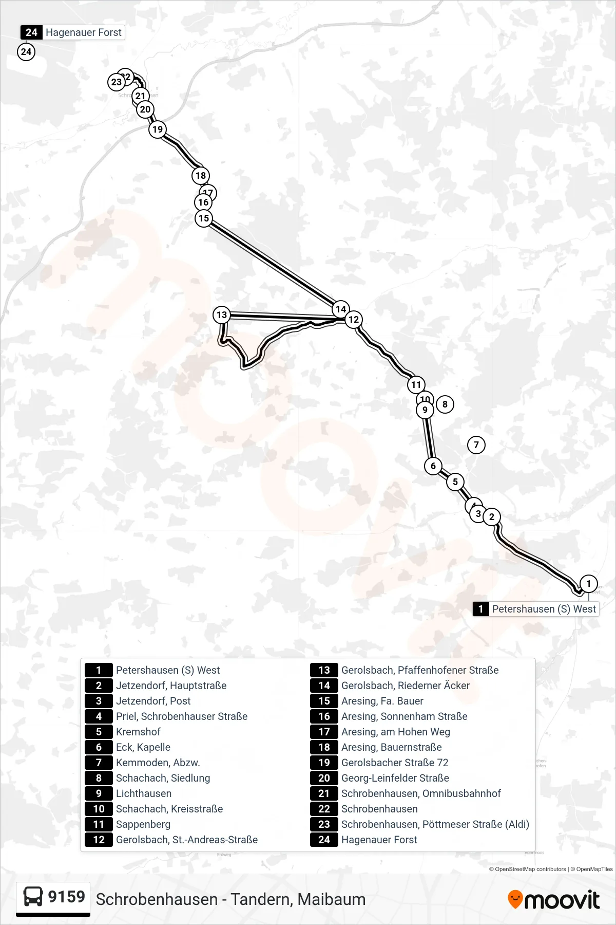 Linie 9159 (Bus) Richtung Hagenauer Forst Via Sob Bahnhof: Route und Haltestellen auf der Karte