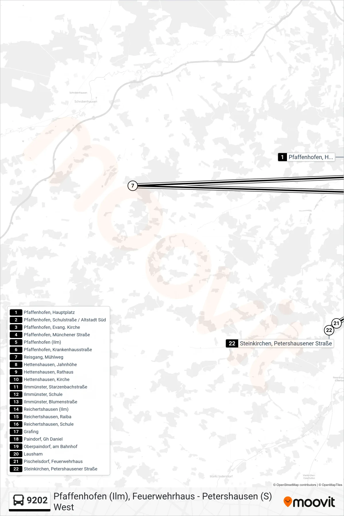 9202 bus Line (Steinkirchen) route and stops on a map