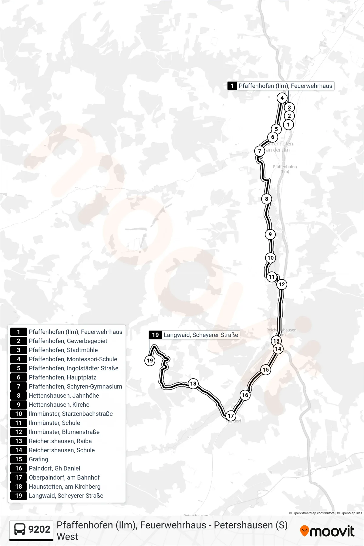 Linie 9202 (Bus) Richtung Langwaid: Route und Haltestellen auf der Karte