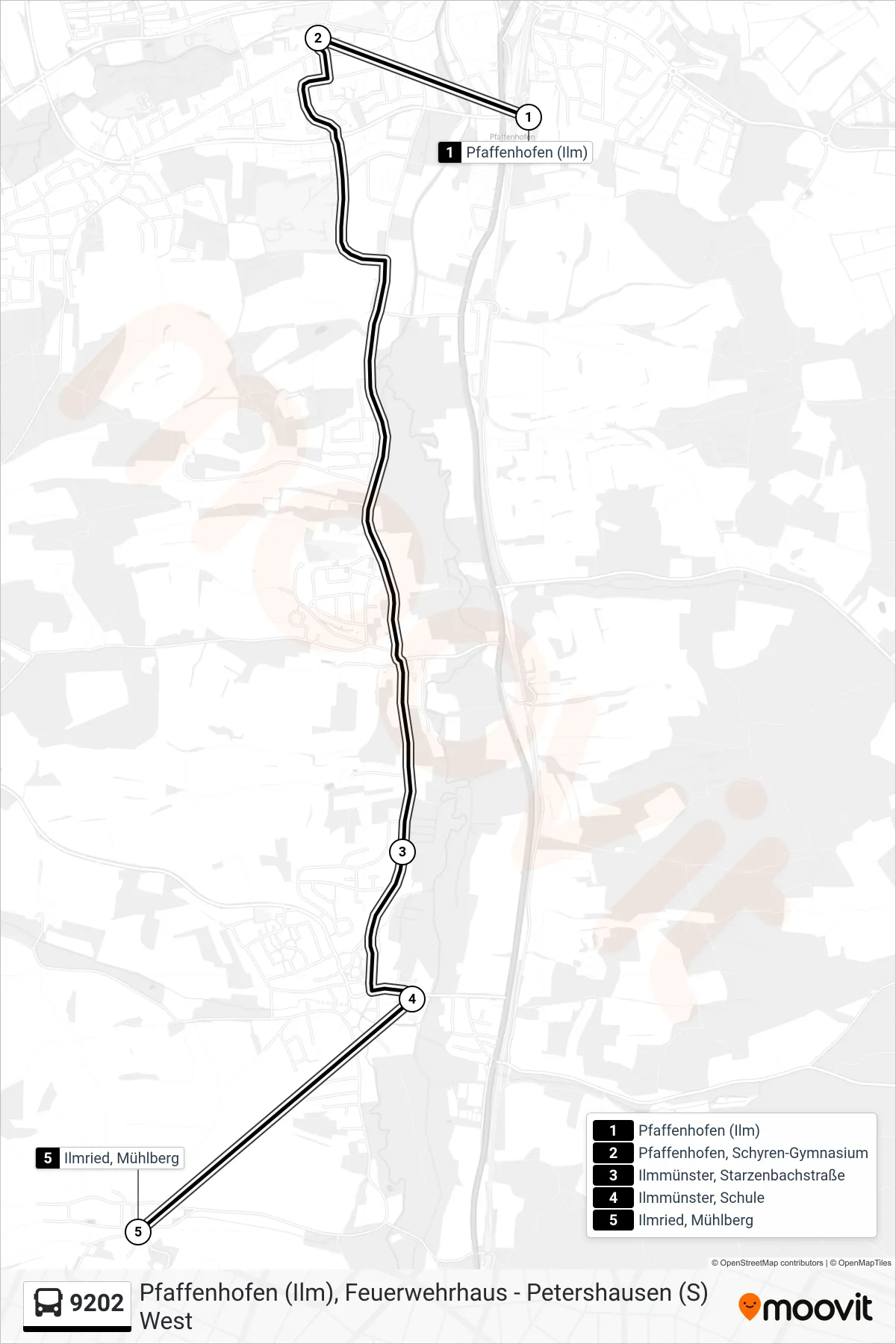 9202 bus Line (Ilmried) route and stops on a map