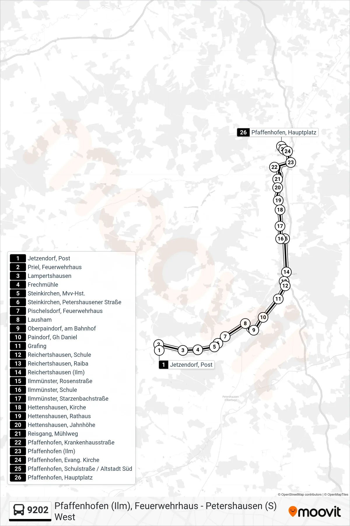9202 bus Line (Pfaffenhofen Hauptplatz) route and stops on a map