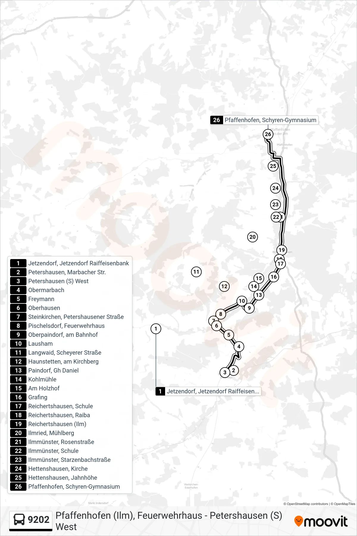 9202 bus Line (Pfaffenhofen Gymnasium) route and stops on a map